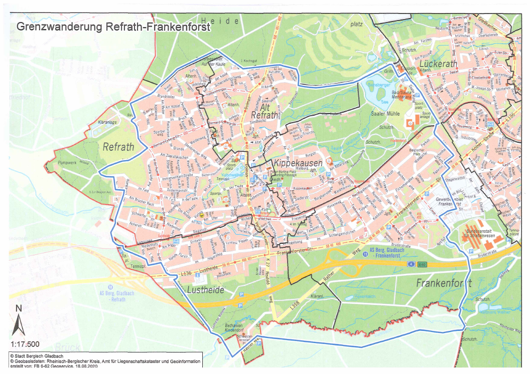Karte von Refrath mit Grenzen eingezeichnet zu Köln und Bergisch Gladbach